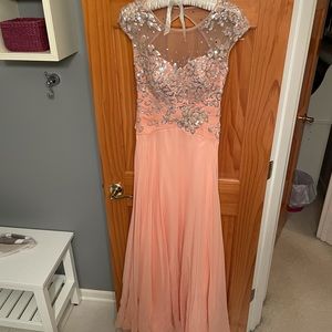 Salmon sequined long dress with mesh neckline